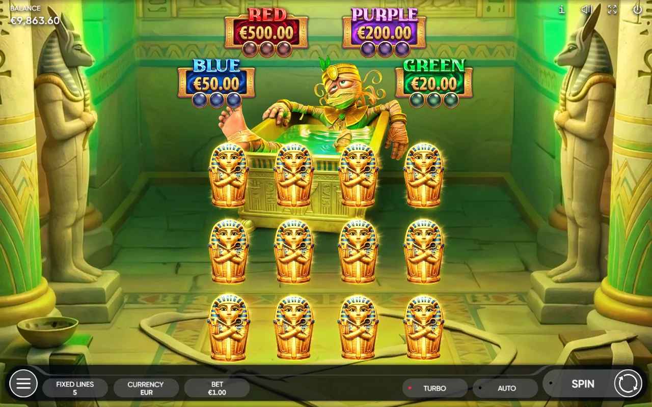 Mummy Pick'em field with twelve golden sarcophagi under four colour award counters