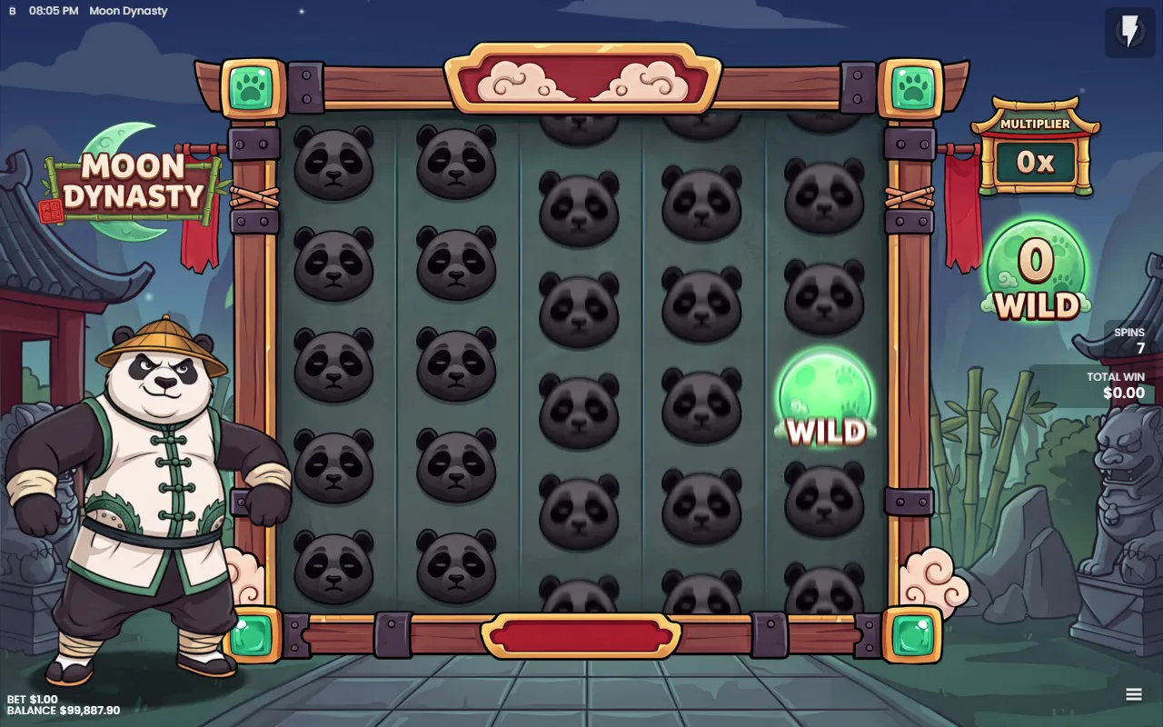 Moon Dynasty collection spin, the grid filled with dark Dead pandas and a single Wild landing on reel 5, counters for multiplier, wilds and spins on the side