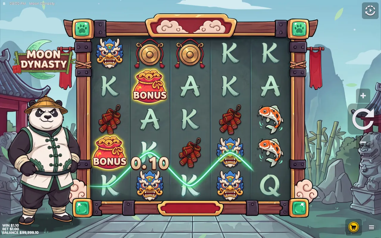 Two Bonus bag symbols on reels 1 and 2 of the Moon Dynasty base game