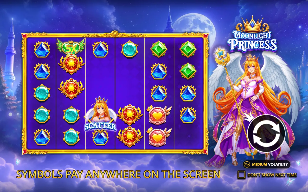 Moonlight Princess 6x5 grid with gems, red suns and winged heart orbs