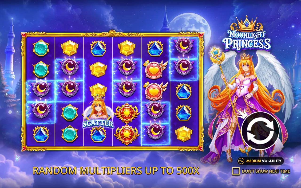 Moonlight Princess board with two winged heart multiplier orbs in the fifth reel