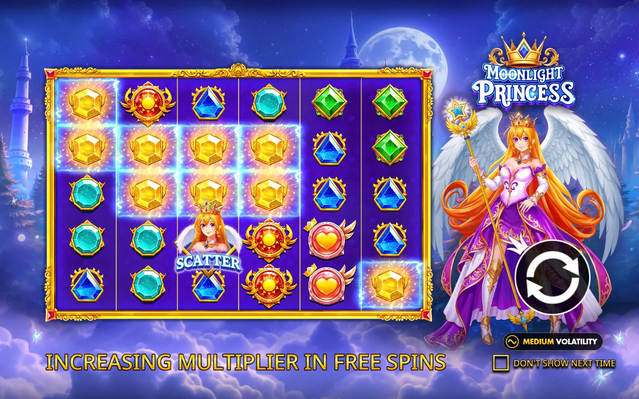 Moonlight Princess yellow gem win with two winged heart orbs and the princess scatter on the board