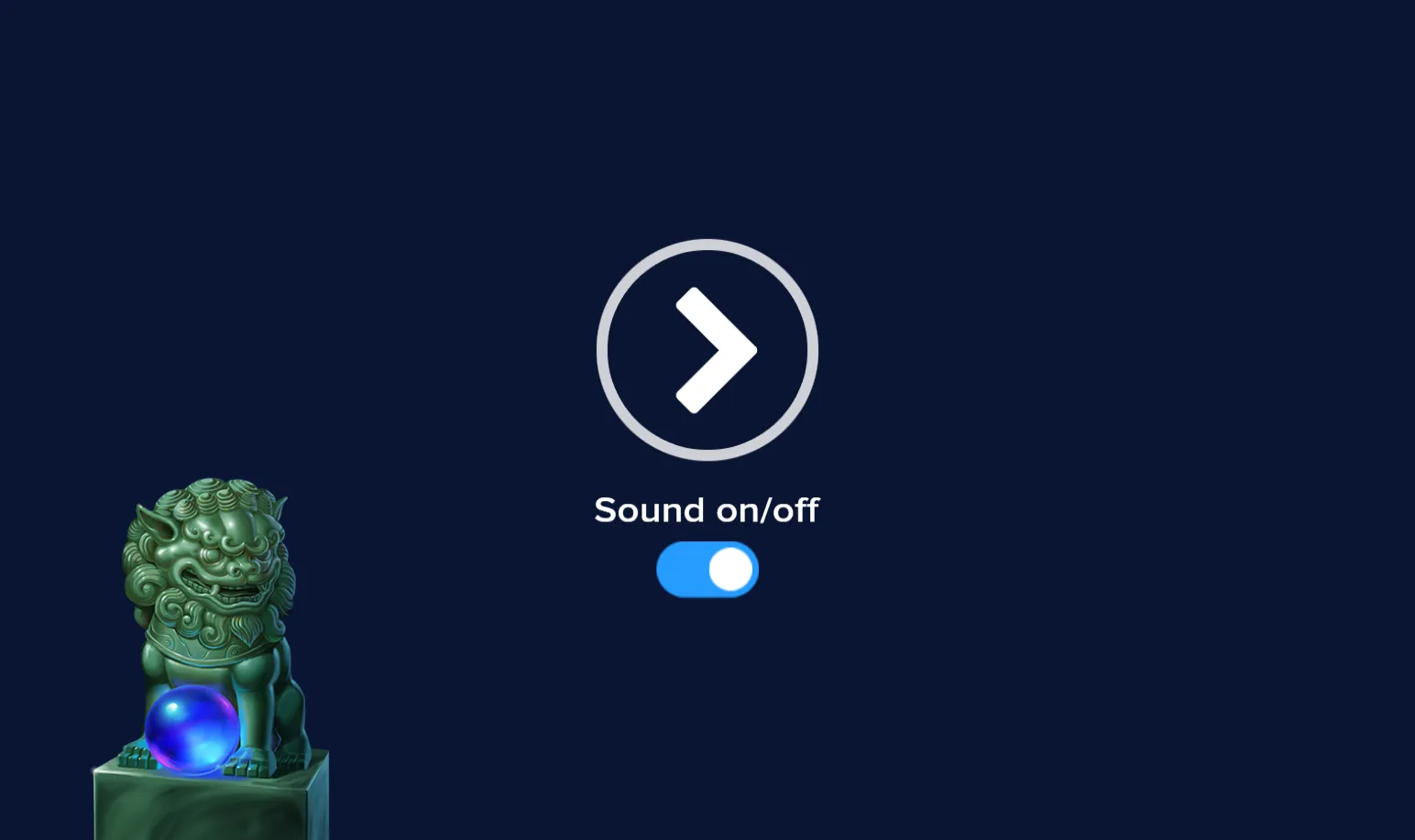 Mystic Orbs loading screen with a jade guardian lion resting its paw on a glowing blue orb