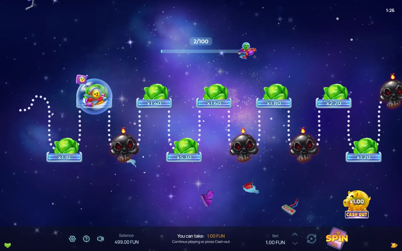 Orbital Rush duck on its first planet with the Cash Out offer on screen