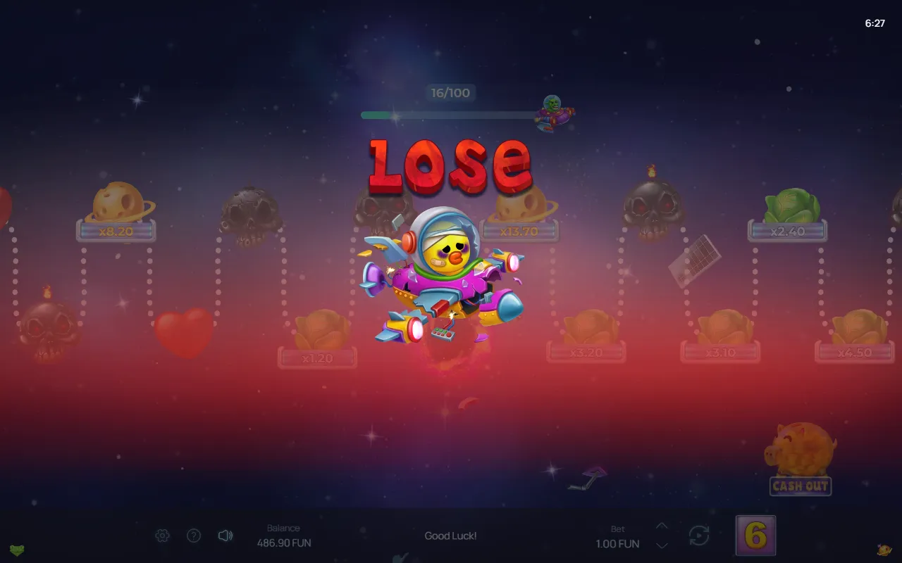 Orbital Rush LOSE screen after the duck lands on a Death cell