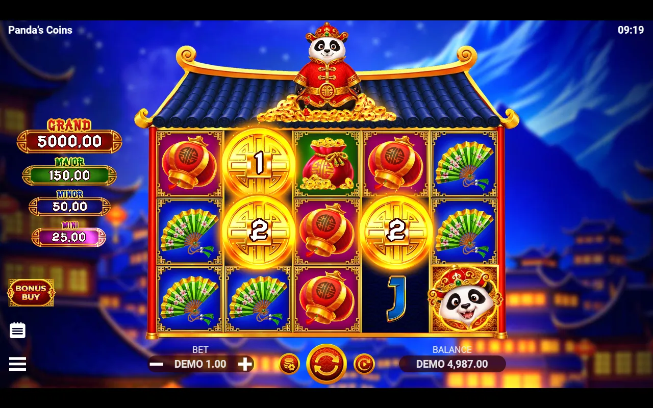 Three bonus coins and a Panda Wild on the base game reels, no line win