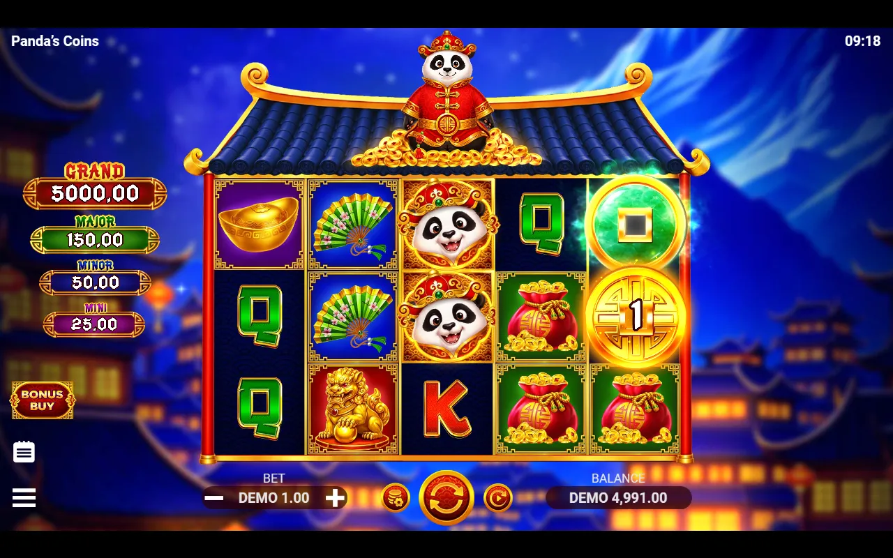 Stacked Panda Wilds on reel 3 with a green Bonus Collector and a bonus coin on reel 5