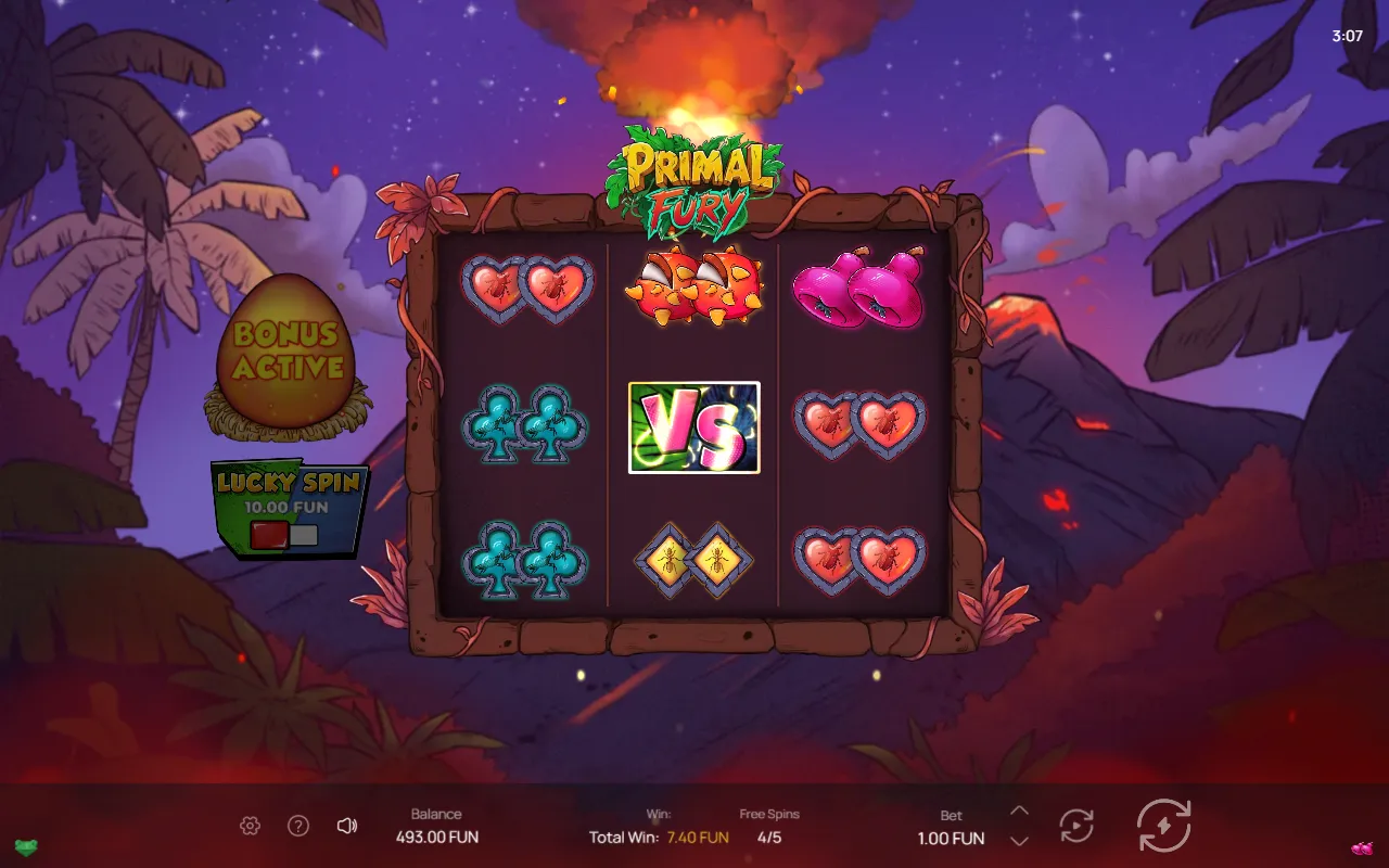 Primal Fury VS expanding wild tile landing on the middle reel during free spins