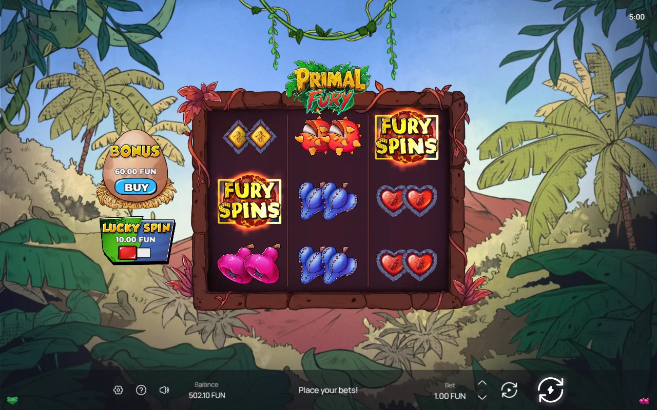 Primal Fury base game with two Fury Spins scatters on the board
