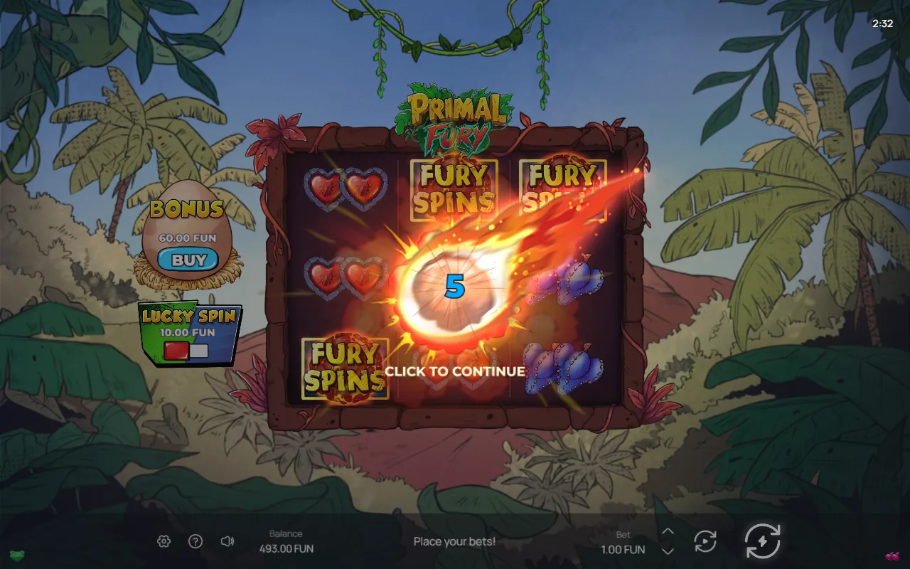 Three Fury Spins scatters on the Primal Fury reels triggering five free spins