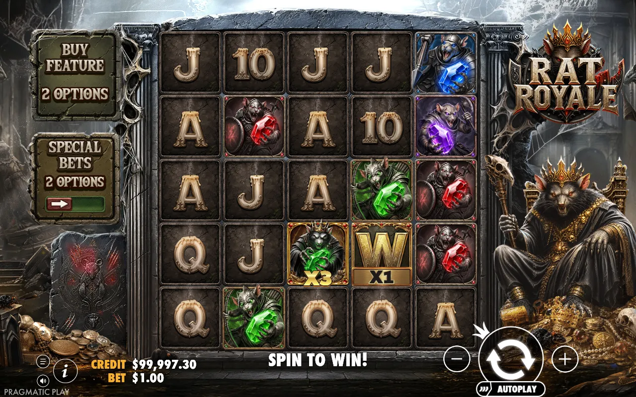 A green gem Rat King wild on the middle reel of Rat Royale in the base game, with no win on the spin