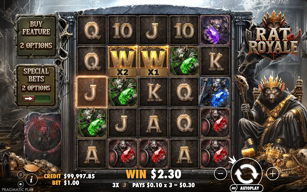 Two wilds with multipliers side by side on reels two and three of the Rat Royale grid