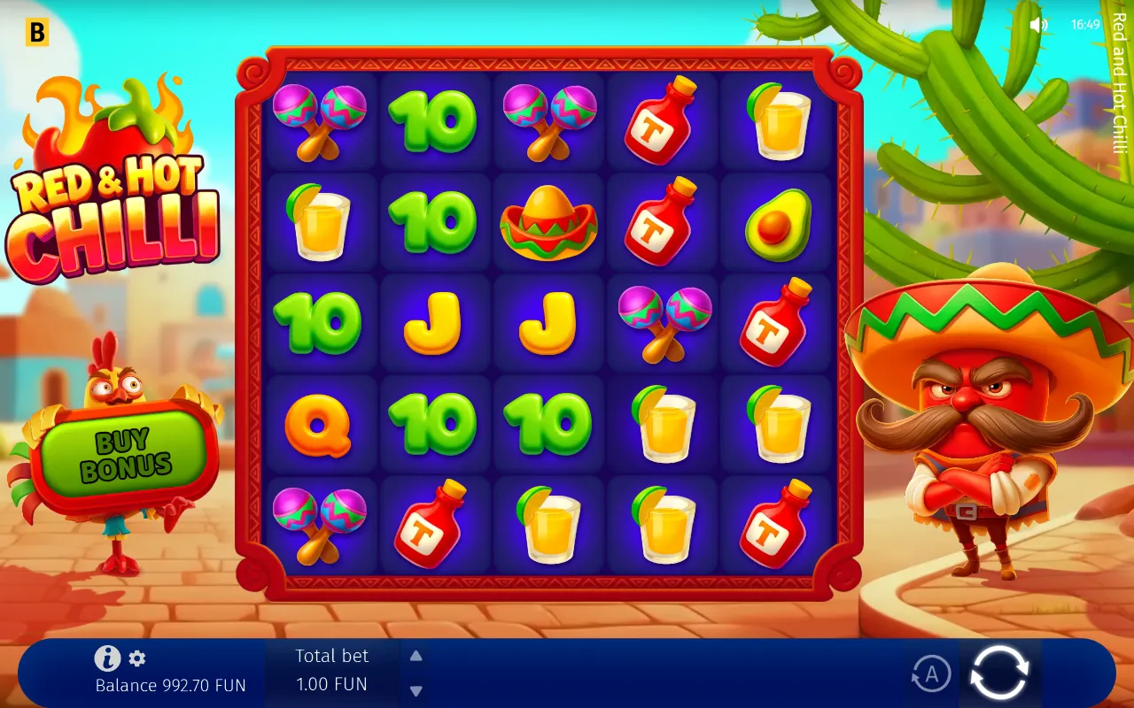 Red & Hot Chilli 5x5 base board with maracas, hot sauce and tequila scattered and no winning line