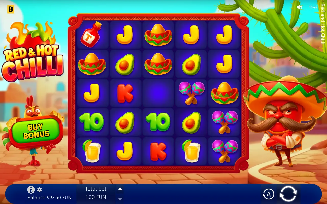 Red & Hot Chilli base board with a single Lucky Coin in the middle of reel 3 and no win