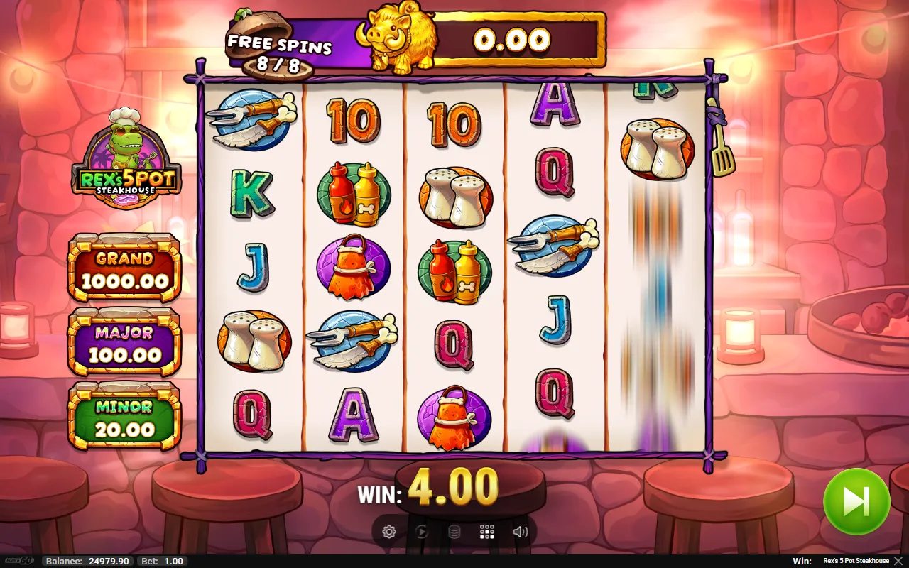 Rex's 5 Pot Steakhouse free spins on the expanded 5x5 board, last of eight spins, filled with royals and cutlery