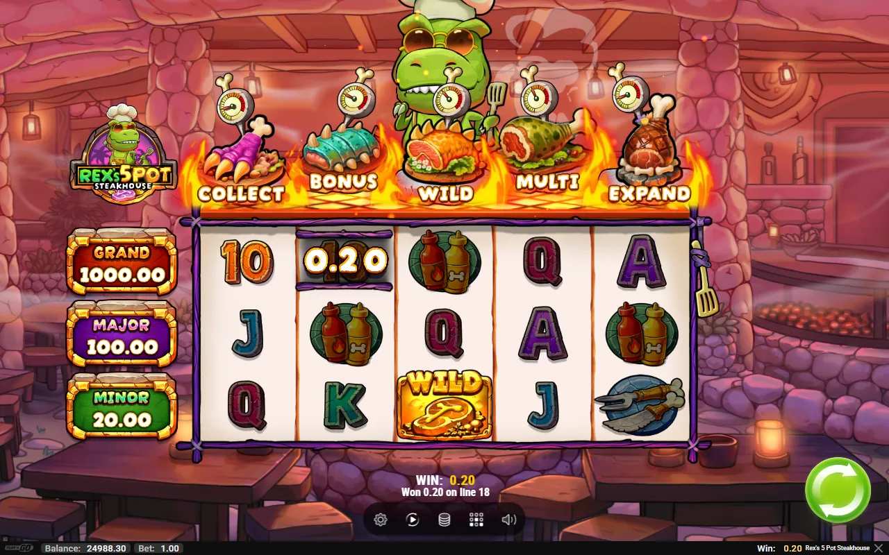 Rex's 5 Pot Steakhouse base game: a steak Wild on the bottom of reel 3 completing a small line win under the five pots
