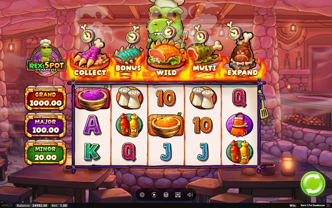 Rex's 5 Pot Steakhouse with a purple scatter bowl on reel 1 and an orange one on reel 3, and no pot firing