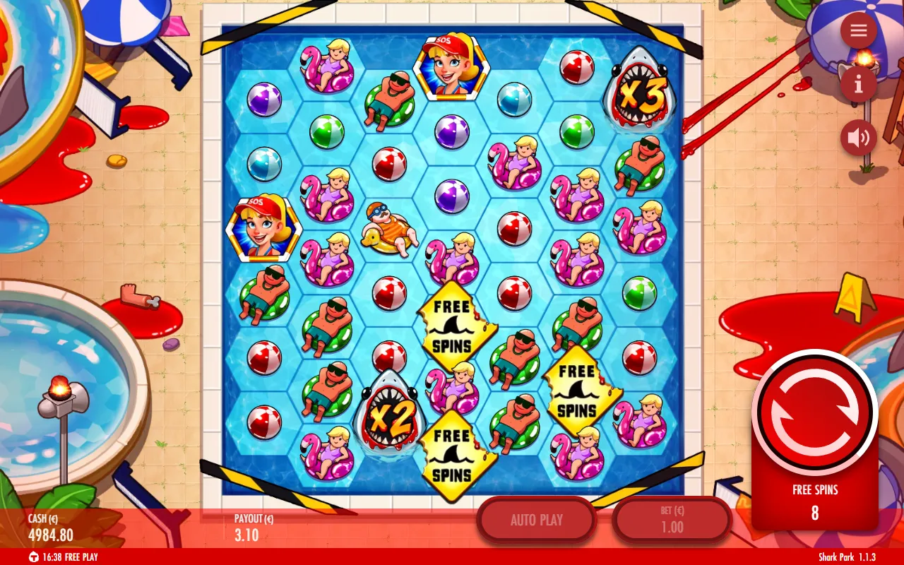 Shark Park Free Spins board before the first spin, three scatters and an x3 and x2 shark carried over from the base game