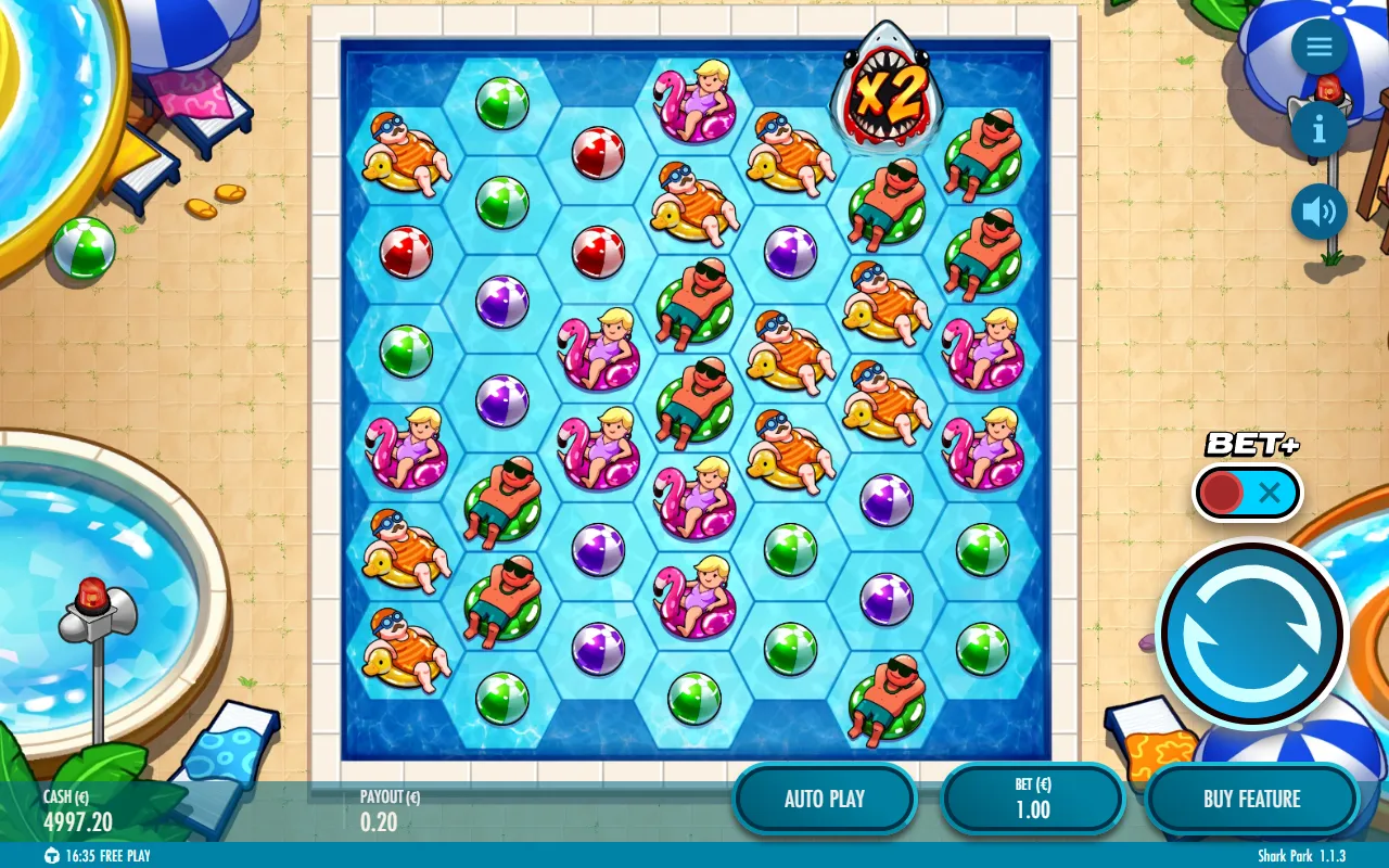 Shark Park base game with a small blue cluster win and a new x2 shark wild at the top of the hex grid