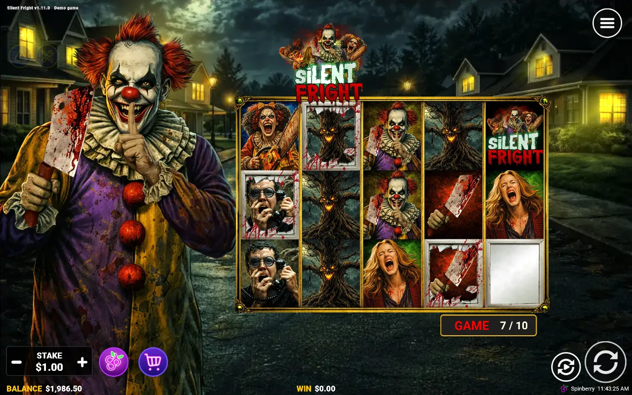 Silent Fright base game with four locked red Frames spread over the reels and the cycle meter at 7 of 10