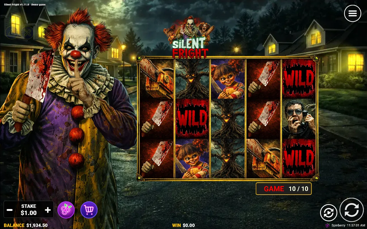 Silent Fright tenth spin of the cycle with Wilds on reel 2 and two on reel 5 and no winning line