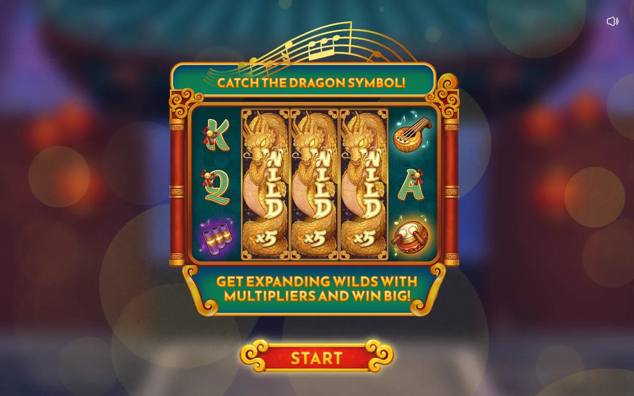 Song for Dragon start screen with three golden dragon wilds on the middle reels