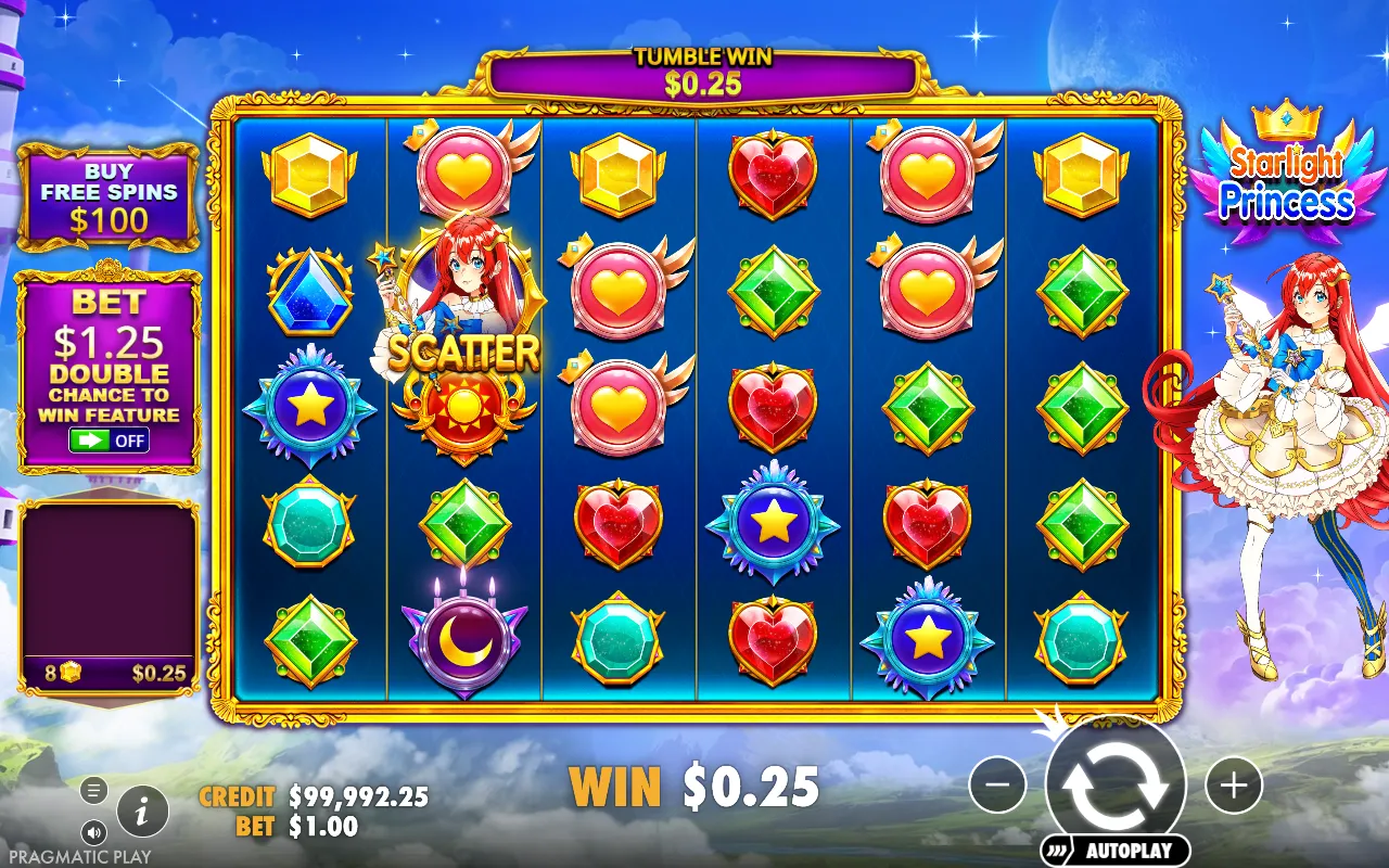 Starlight Princess base game win of eight yellow gems paying a quarter of the stake