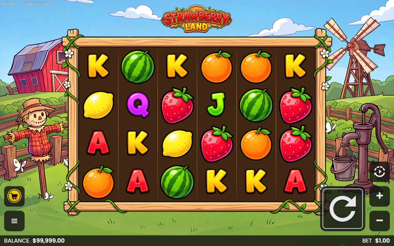Strawberry Land 6x4 farm-themed reels showing a losing spin with no line wins