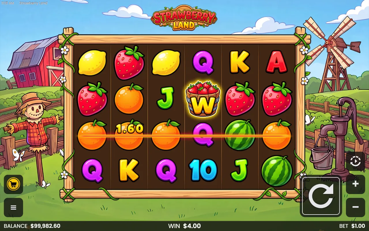 Strawberry Land base game with a plain Wild on reel 4 finishing a line of four oranges next to a second orange line