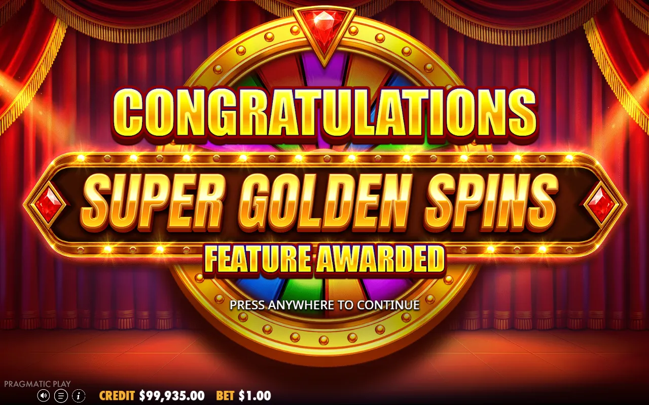 Super Golden Spins trigger card reading Super Golden Spins Feature Awarded over a curtain stage