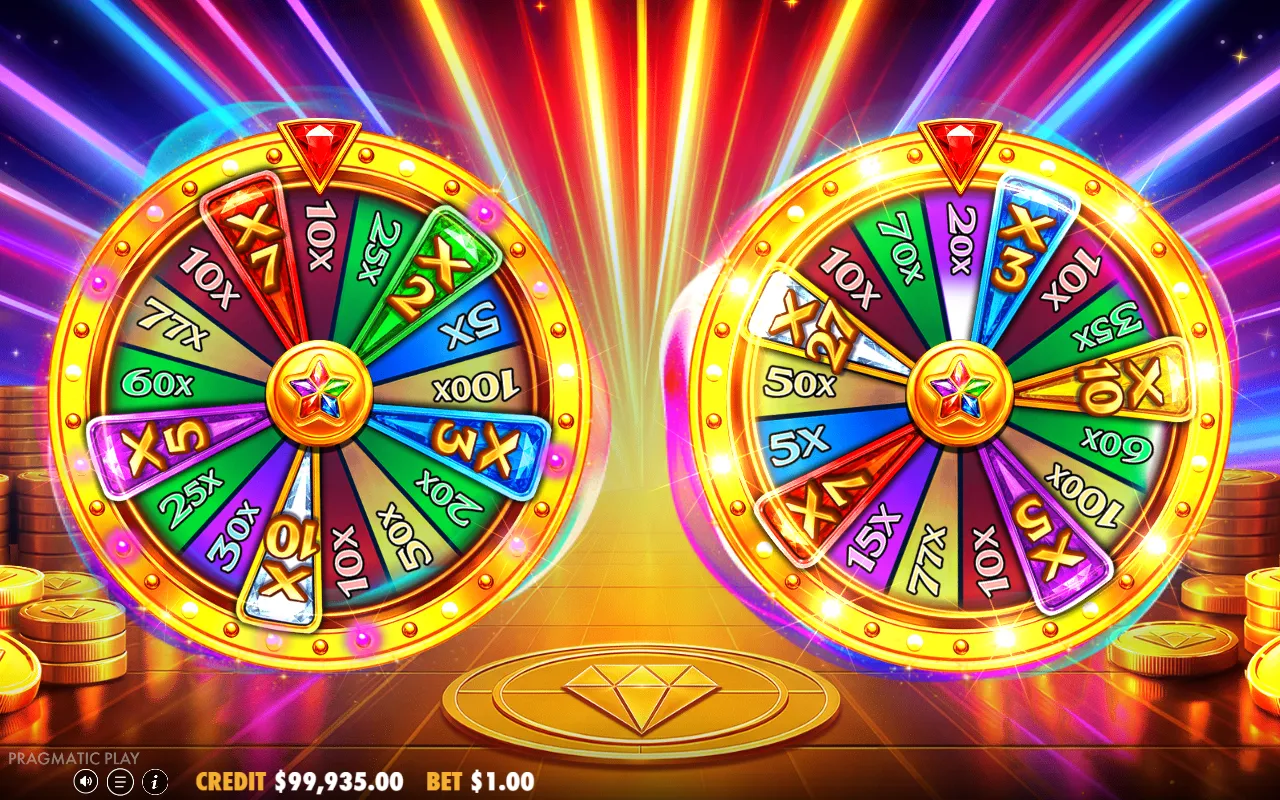 Both Super Golden Spins bonus wheels stopped on money values, the right pointer on 20x