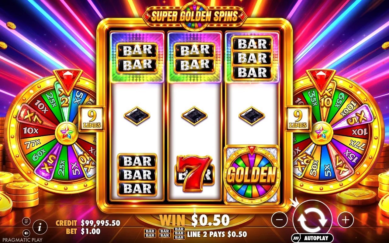 Double BAR, Double BAR and Triple BAR lit across the top row of Super Golden Spins, a Golden Scatter bottom right