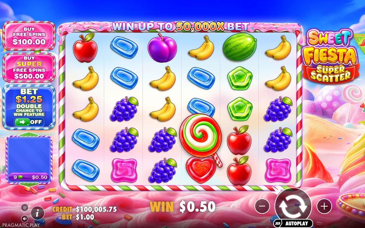 Sweet Fiesta Super Scatter base game board with one lollipop scatter and a small win of 0.50