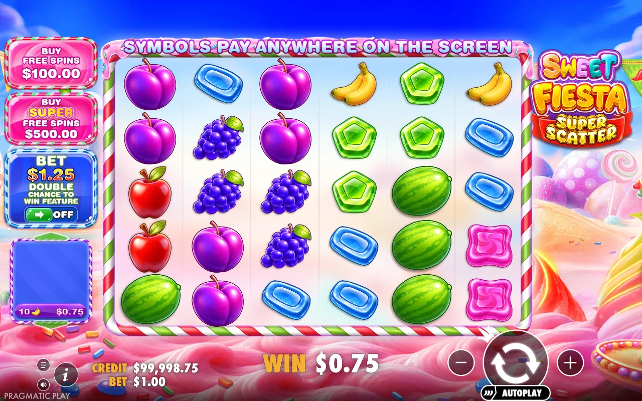 Sweet Fiesta Super Scatter 6x5 board with ten bananas paying 0.75 on a 1.00 bet