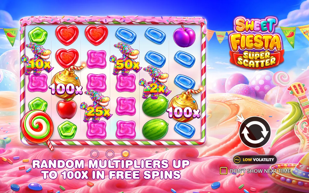 Sweet Fiesta Super Scatter intro slide showing pinata and bomb multipliers from 2x to 100x in free spins