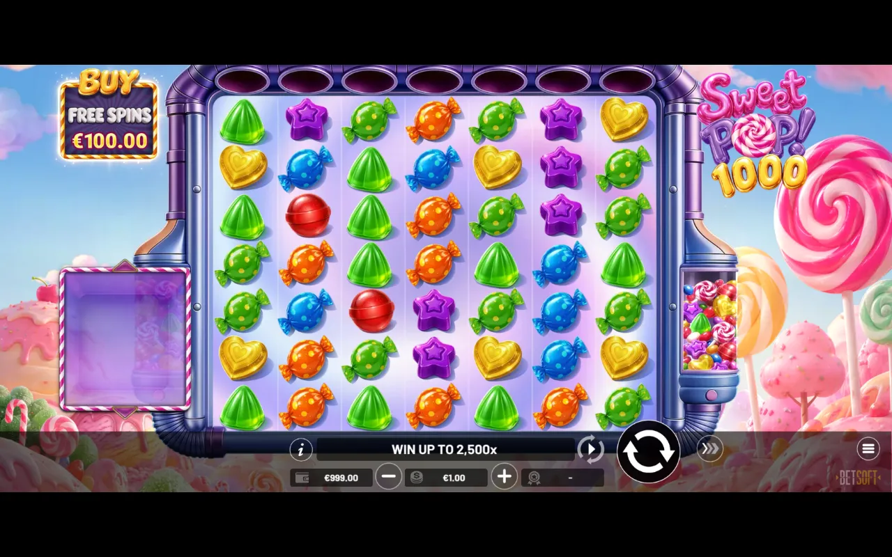 Sweet Pop 1000 grid with the message win up to 2,500x under the reels