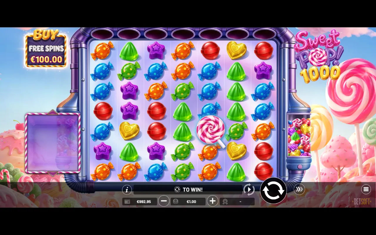 Sweet Pop 1000 base game grid with a single swirled lollipop scatter and no win