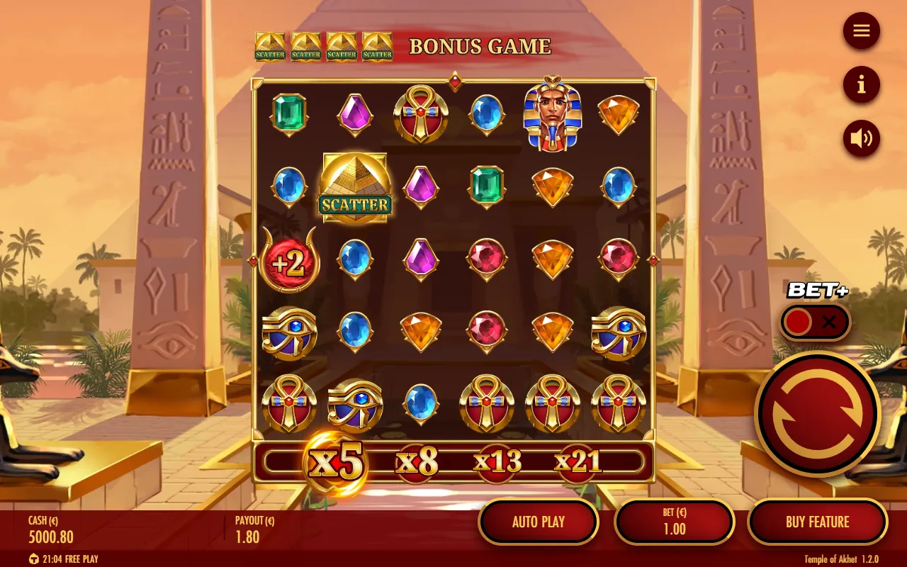 A +2 Sun Disc Wild on the left reel of the Temple of Akhet grid during a base spin