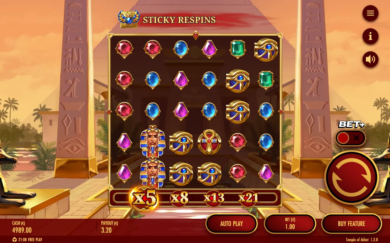 Temple of Akhet base game board after a chain of avalanches, with the multiplier ladder lit below the reels