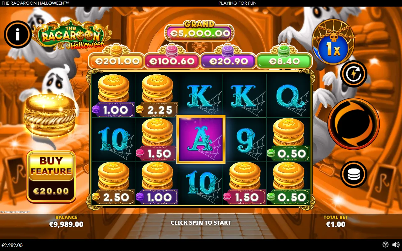 The Racaroon Halloween base spin with eight prize coins on the reels and a card symbol in the Hot Zone on reel 3