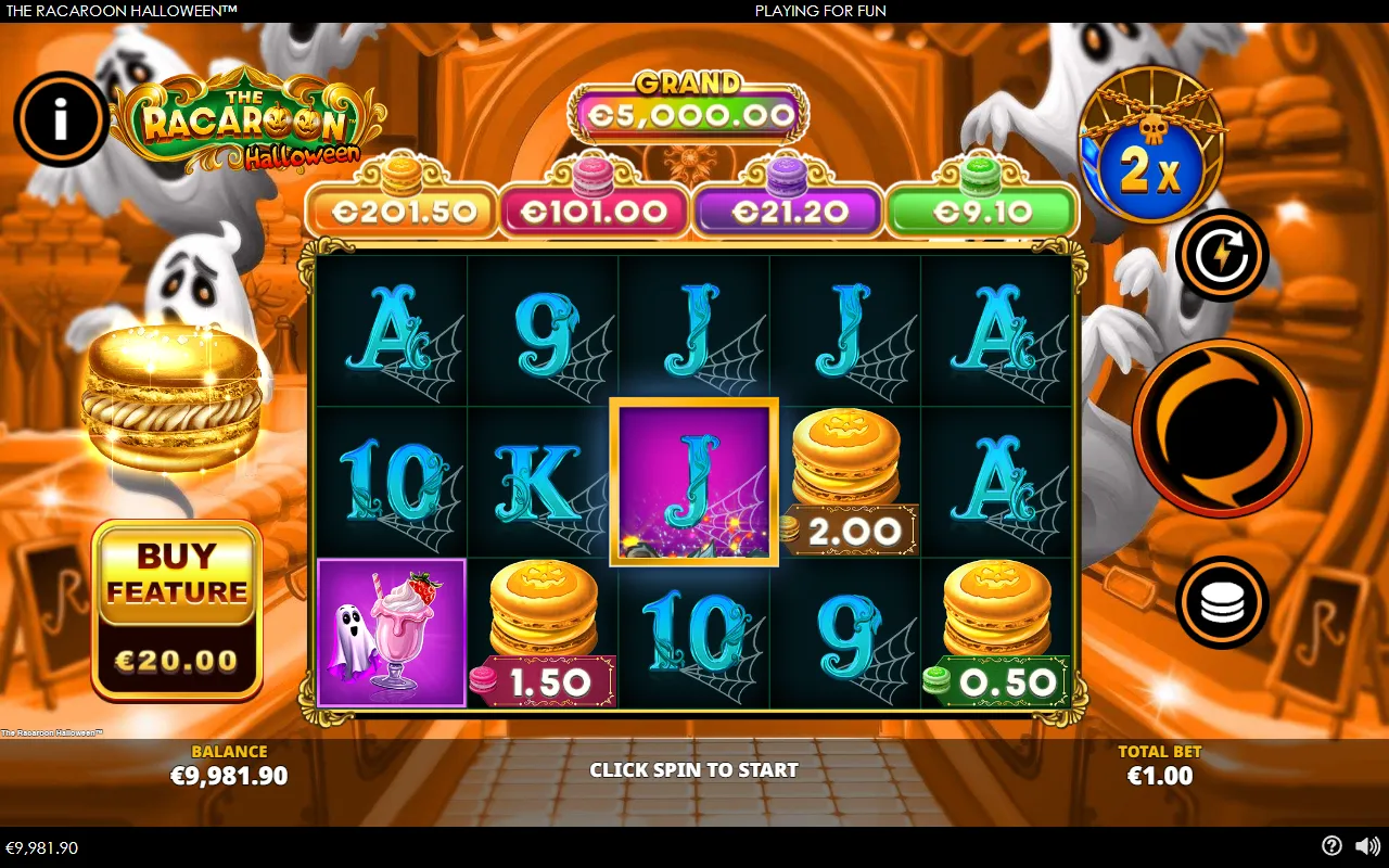 The Racaroon Halloween win multiplier medallion raised to 2x, with prize coins on the reels and no wild in the Hot Zone