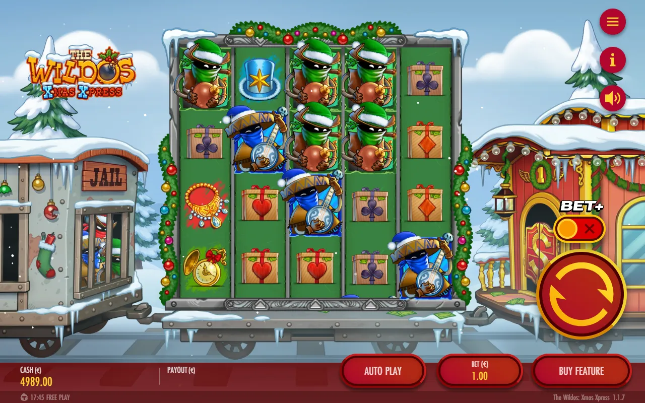 The Wildos Xmas Xpress base game with Green Wildos on reels 1, 3 and 4 but no paying line