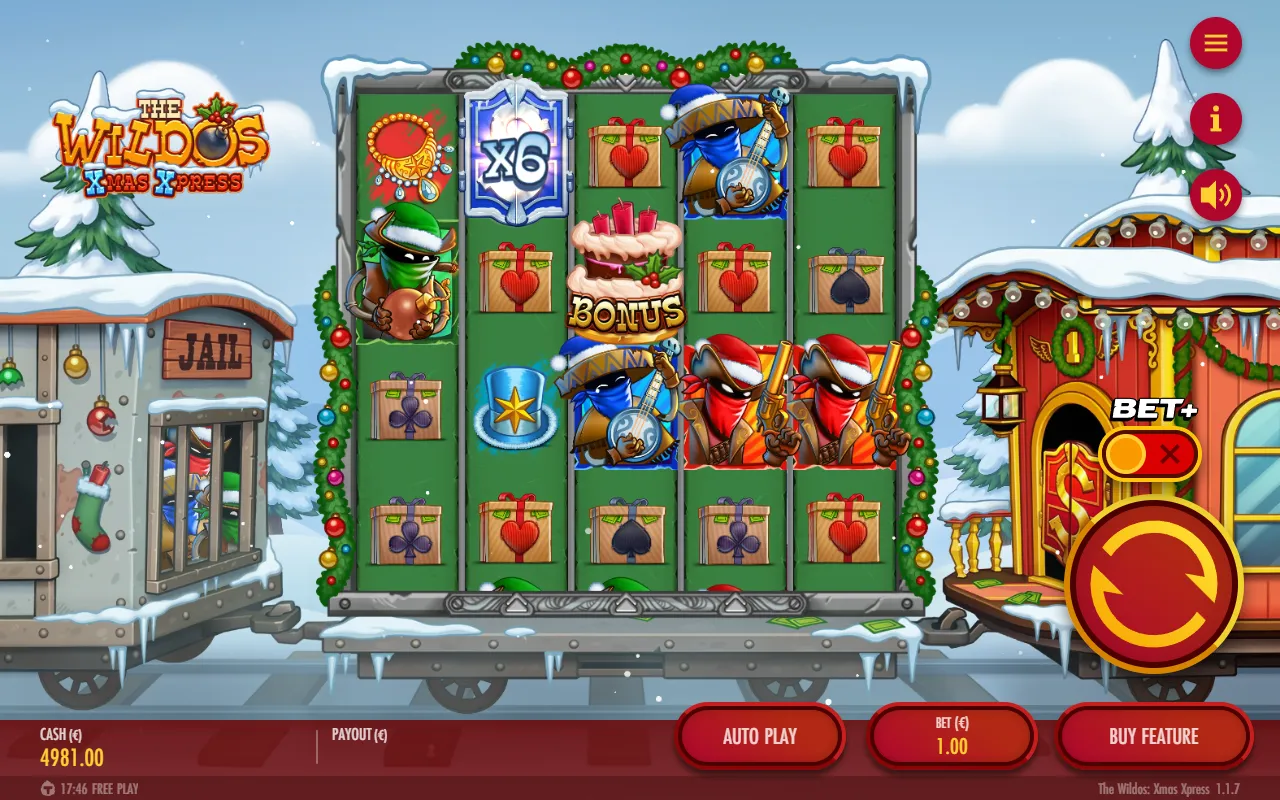 The Wildos Xmas Xpress base game with a Silver multiplier wild on reel 2 and one Christmas Cake scatter, no win