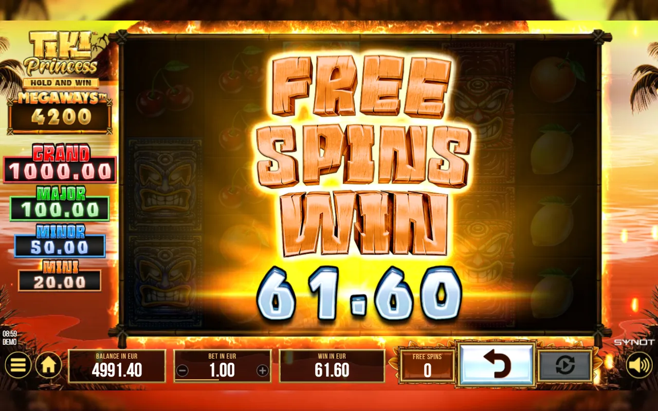 Free Spins Win screen showing 61.60 at a 1.00 bet
