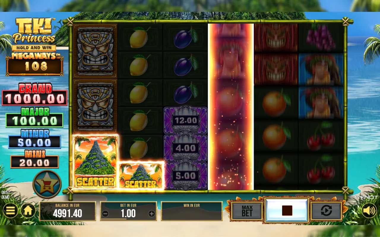 Two volcano Scatters on reels 1 and 2 while reel 4 spins on under an anticipation glow