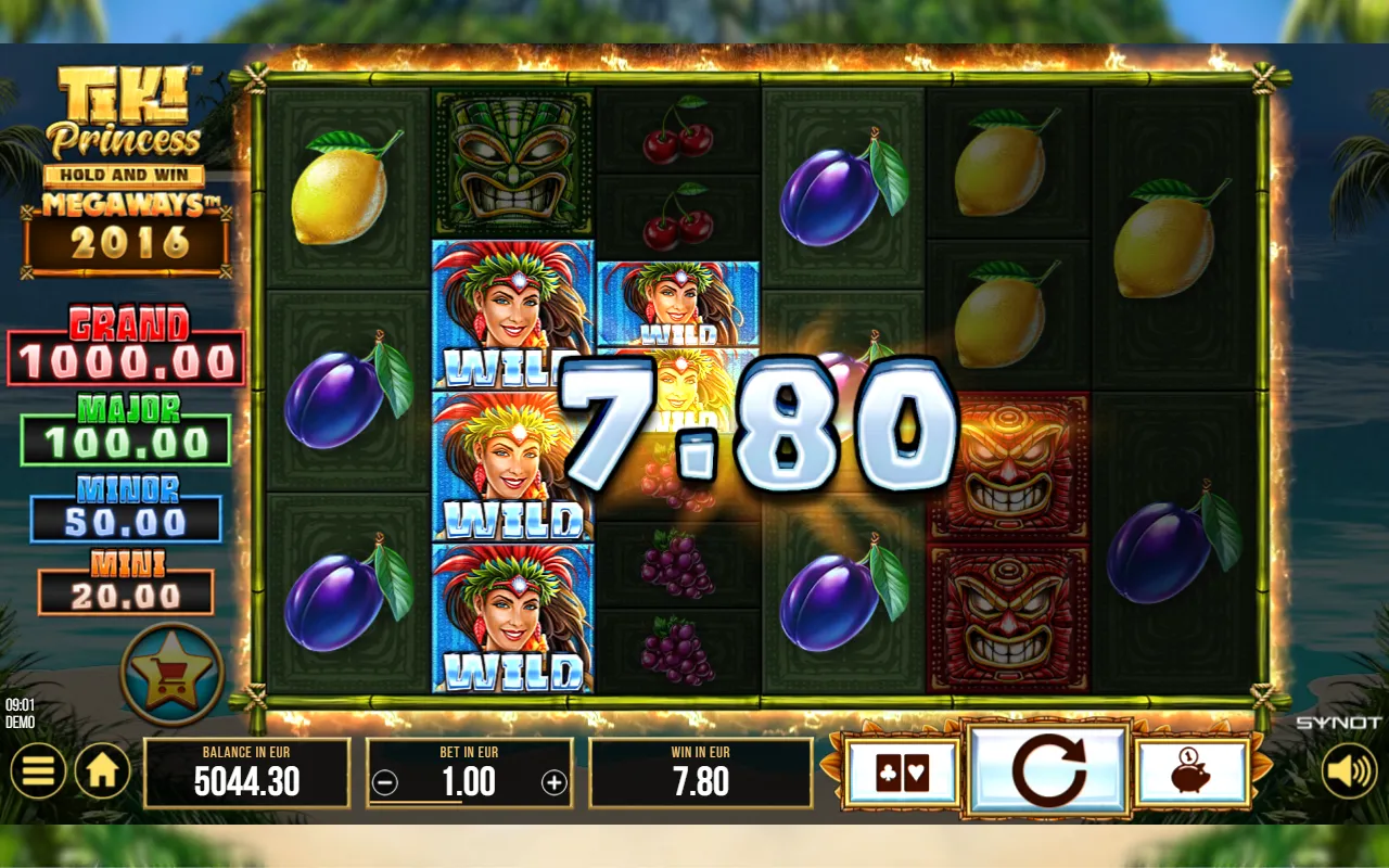 Three stacked Wilds on reel 2 joining plums across four reels for a 7.80 win at a 1.00 bet