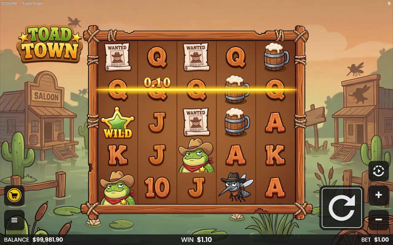 Toad Town base game with a Wild completing a short line of queens