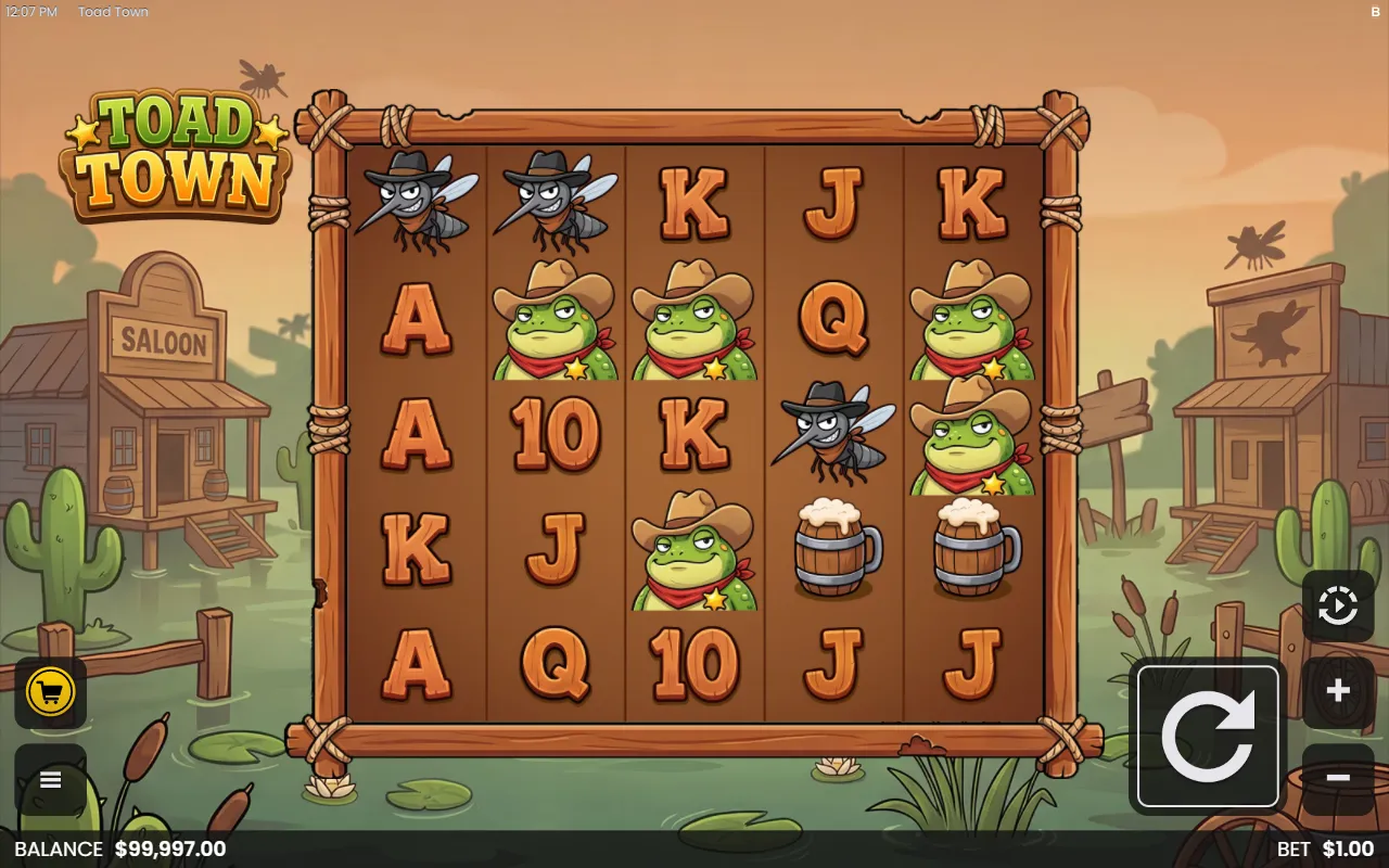 Toad Town 5x5 swamp-saloon reels with five Toad symbols spread across the board and no winning line