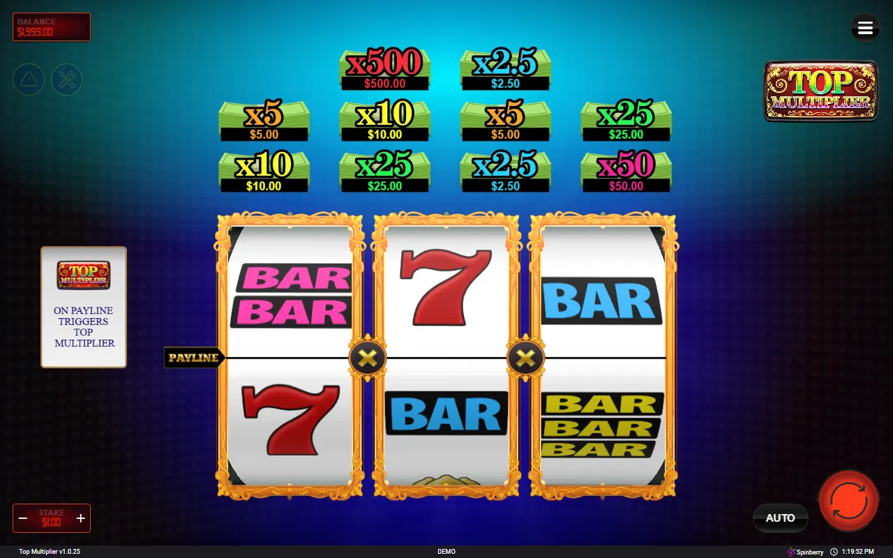 Three Blanks across the single payline, with a Seven and two BAR symbols stopped just above the line