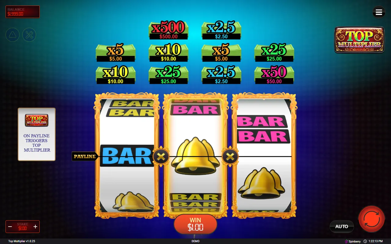 A Single BAR, a Bells symbol and a Blank on the payline, with the stake paid back as a win